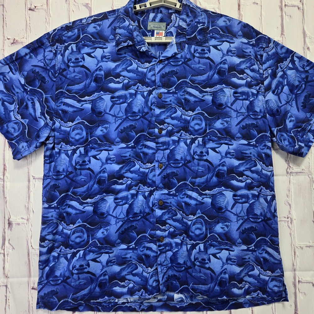 High Seas Trading Co Mens Blue Shark Print Button Up Hawaiian Shirt XXXL USA - Picture 3 of 8